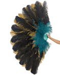 Bild in Galerie-Betrachter laden, Mix METALLIC GOLD & BLACK & TEAL 3 Layers Ostrich Feather Fan Opened 65" - hotfans