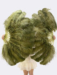 Load image into Gallery viewer, Single layer Olive green Beginner’s Ostrich Feather Fan 25"x 45" - hotfans