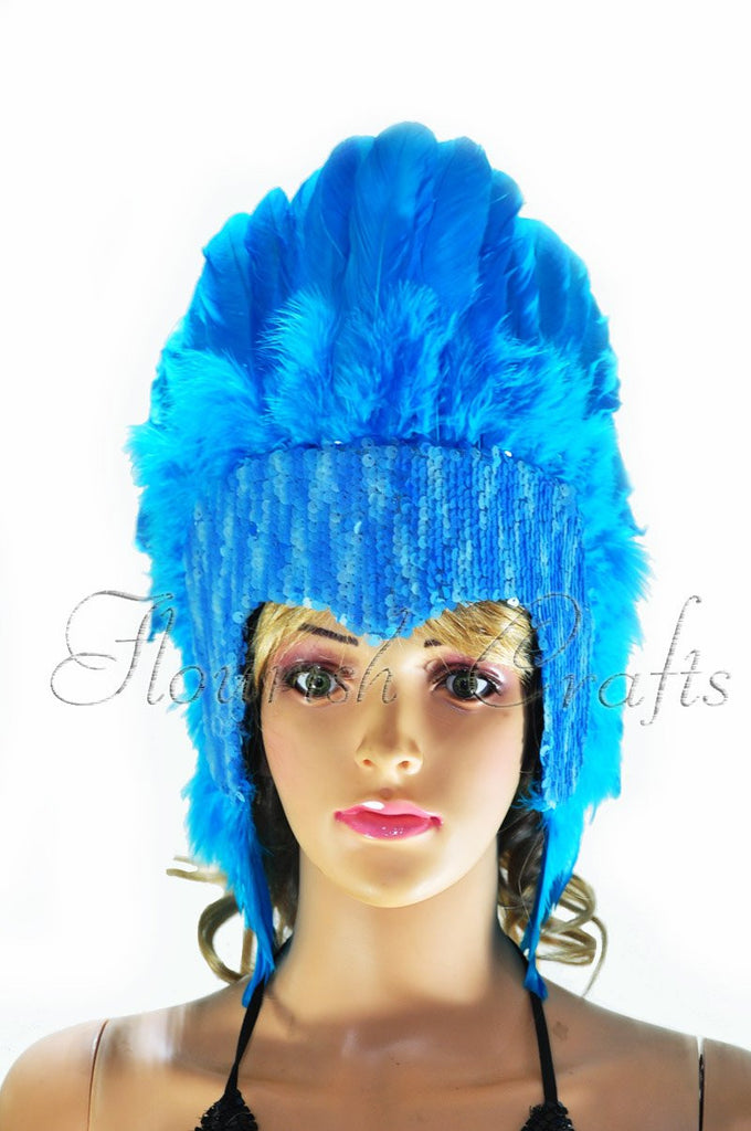 Blue Feather Sequins Crown Las Vegas Dancer Showgirl Headdress 
