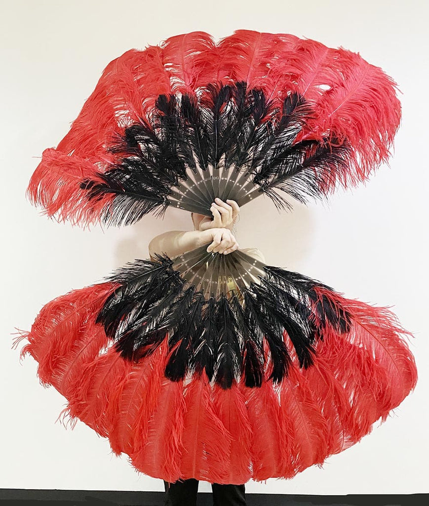 Mix Red & Black Single Layer Ostrich Feather Fan with Leather Travel Bag 25x 45, Right Hand Fan