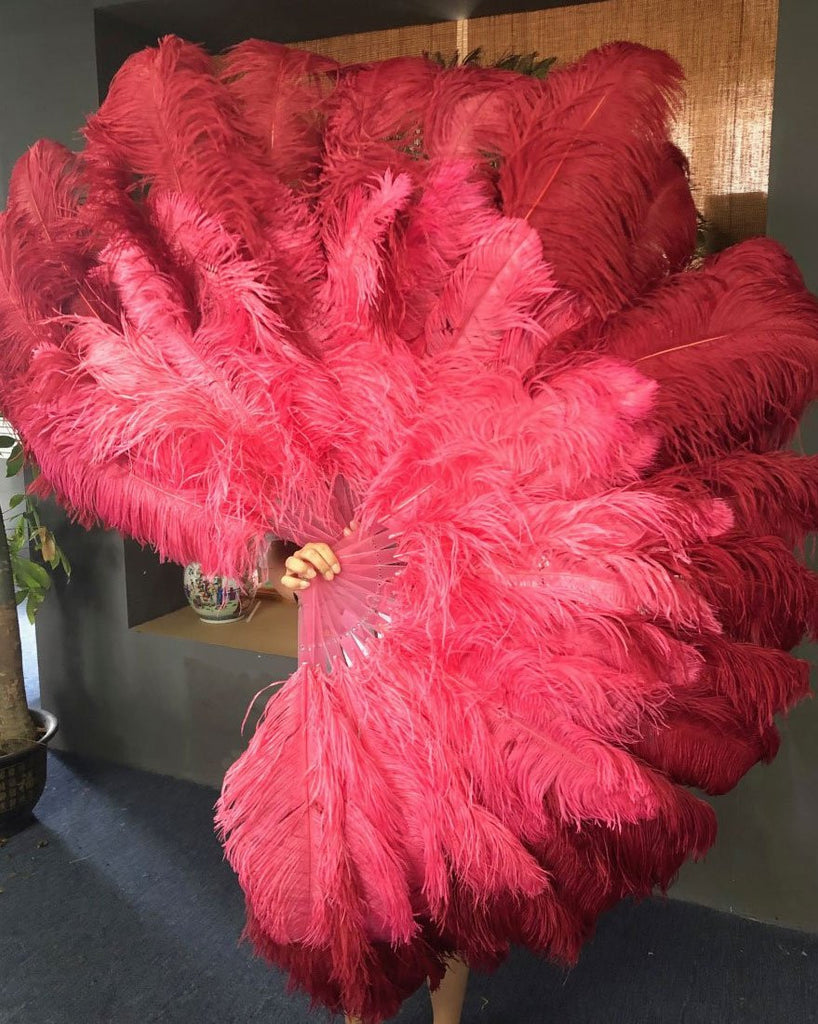 XL 2 Layers Pink Ostrich Feather Fan 34''x 60'' with Travel Leather Bag, for A Pair / Matching Color Staves