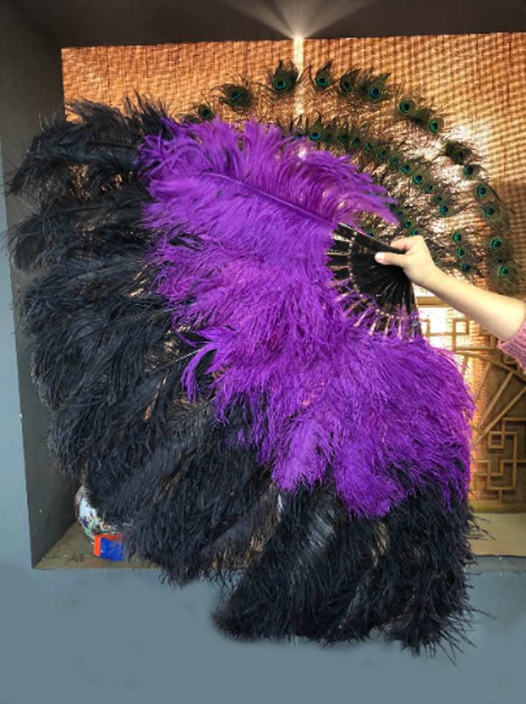 hotfans Mix Dark Purple & Aqua Violet XL 2 Layer Ostrich Feather Fan 34''x 60'' with Travel Leather Bag Right Hand Fan / Transparent Staves