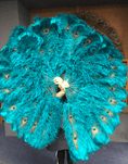 Charger l'image dans la visionneuse de galerie, Teal Double side ostrich Feather Fan with Peacock Feathers opened 180 degree 25"x 52" - hotfans