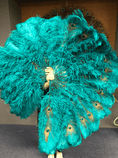 Charger l'image dans la visionneuse de galerie, Teal Double side ostrich Feather Fan with Peacock Feathers opened 180 degree 25"x 52" - hotfans