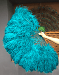 Charger l'image dans la visionneuse de galerie, Teal Double side ostrich Feather Fan with Peacock Feathers opened 180 degree 25"x 52" - hotfans