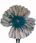 Carica l'immagine nel visualizzatore Galleria, A pair mixed Teal & beige wood 3 Layers Ostrich Feather Fan Opened 65" with Travel leather Bag - hotfans