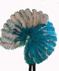 Carica l'immagine nel visualizzatore Galleria, A pair mixed Teal & beige wood 3 Layers Ostrich Feather Fan Opened 65" with Travel leather Bag - hotfans