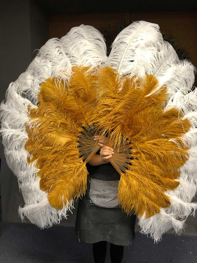 hotfans Mix White & Sky Blue XL 2 Layer Ostrich Feather Fan 34''x 60'' with Travel Leather Bag Left Hand Fan / Matching Color Staves