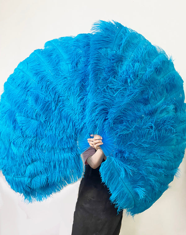 Turquoise  Professional 3 Layers Ostrich Feather Fan 34