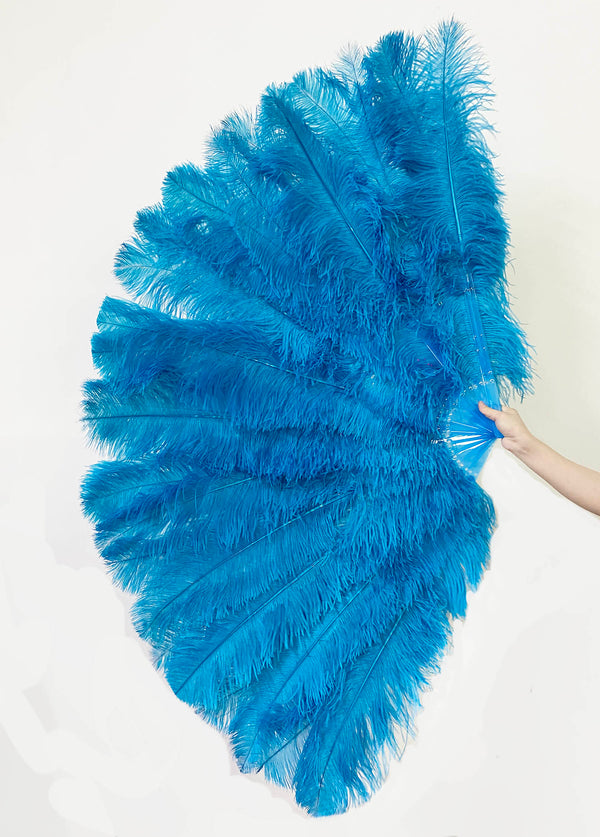 Turquoise  Professional 3 Layers Ostrich Feather Fan 34