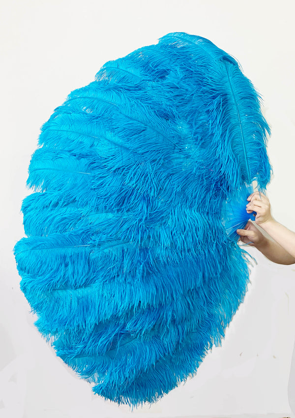 Turquoise  Professional 3 Layers Ostrich Feather Fan 34