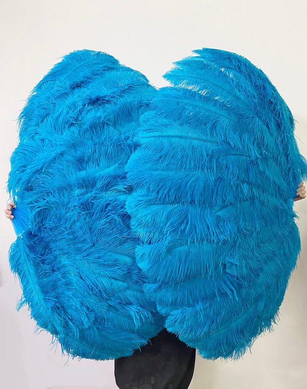 Turquoise  Professional 3 Layers Ostrich Feather Fan 34