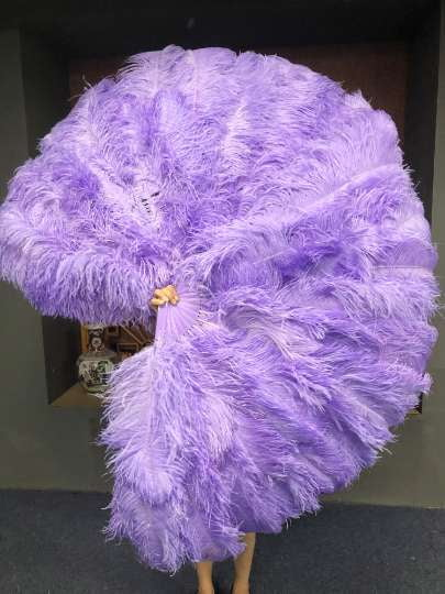 Aqua violet 3 Layers Ostrich Feather Fan Opened 65" with Travel leather Bag.