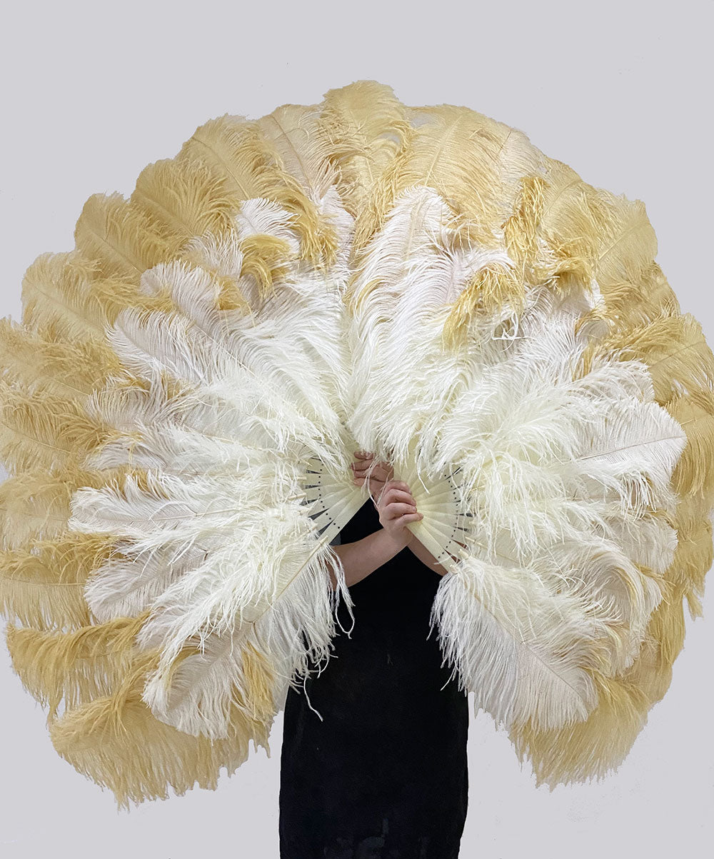 Mixed beige & wheat XL 2 Layer Ostrich Feather Fan 34''x 60'' with Travel leather Bag.