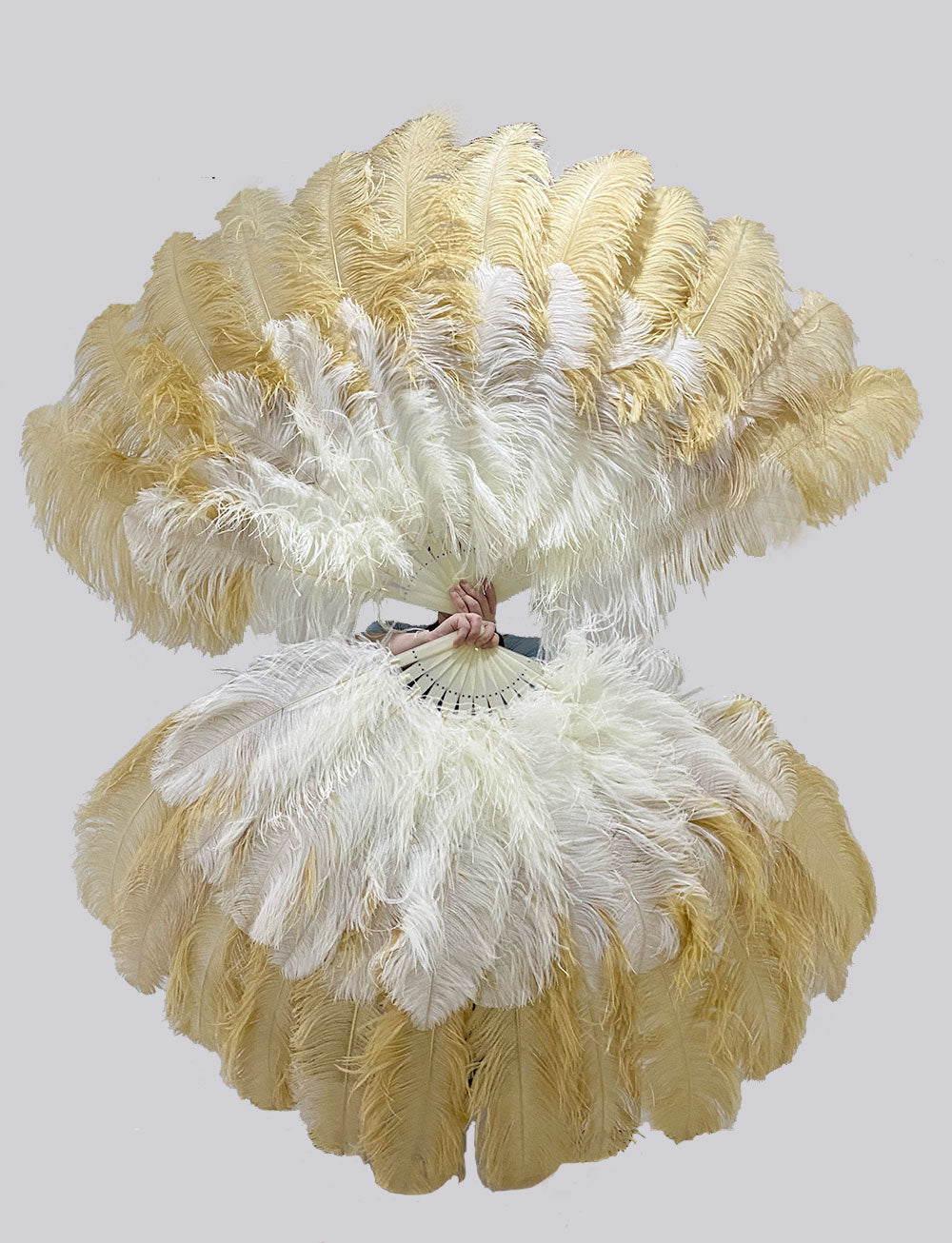 Mixed beige & wheat XL 2 Layer Ostrich Feather Fan 34''x 60'' with Travel leather Bag.