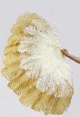 Load image into Gallery viewer, Mixed beige & wheat XL 2 Layer Ostrich Feather Fan 34''x 60'' with Travel leather Bag.
