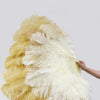 Abanico de plumas de avestruz XL de 2 capas, mixto beige y trigo, 34&#39;&#39;x 60&#39;&#39; con bolsa de viaje de cuero.