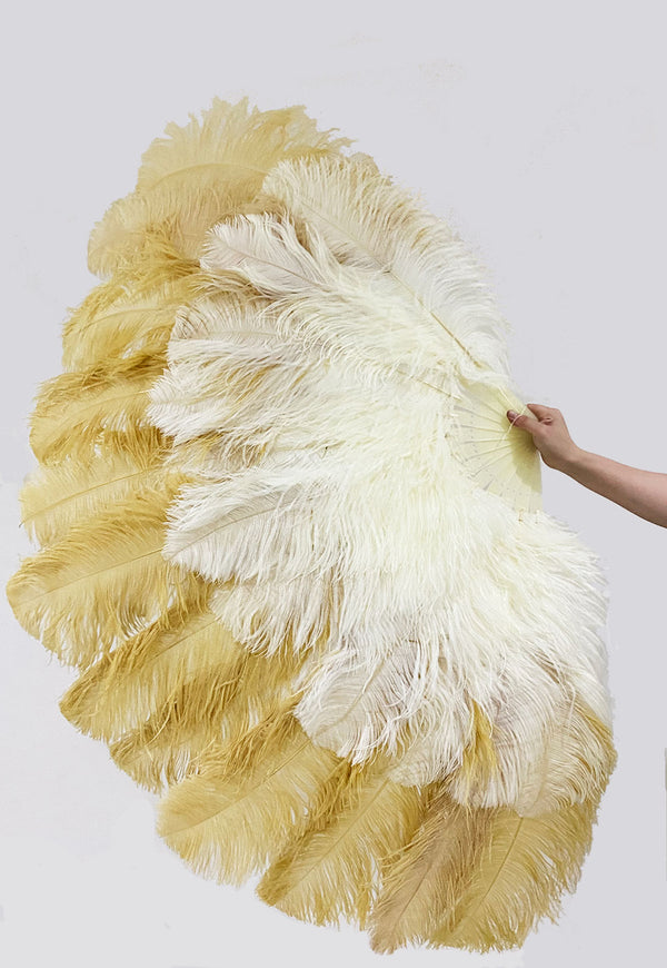 Mixed beige & wheat XL 2 Layer Ostrich Feather Fan 34''x 60'' with Travel leather Bag.