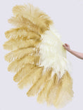 Load image into Gallery viewer, Mixed beige & wheat XL 2 Layer Ostrich Feather Fan 34''x 60'' with Travel leather Bag.
