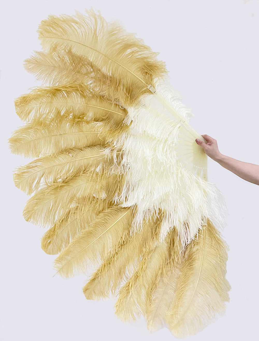 Mixed beige & wheat XL 2 Layer Ostrich Feather Fan 34''x 60'' with Travel leather Bag.