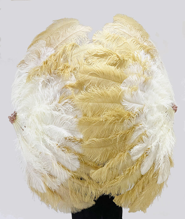 Abanico de plumas de avestruz XL de 2 capas, mixto beige y trigo, 34&#39;&#39;x 60&#39;&#39; con bolsa de viaje de cuero.