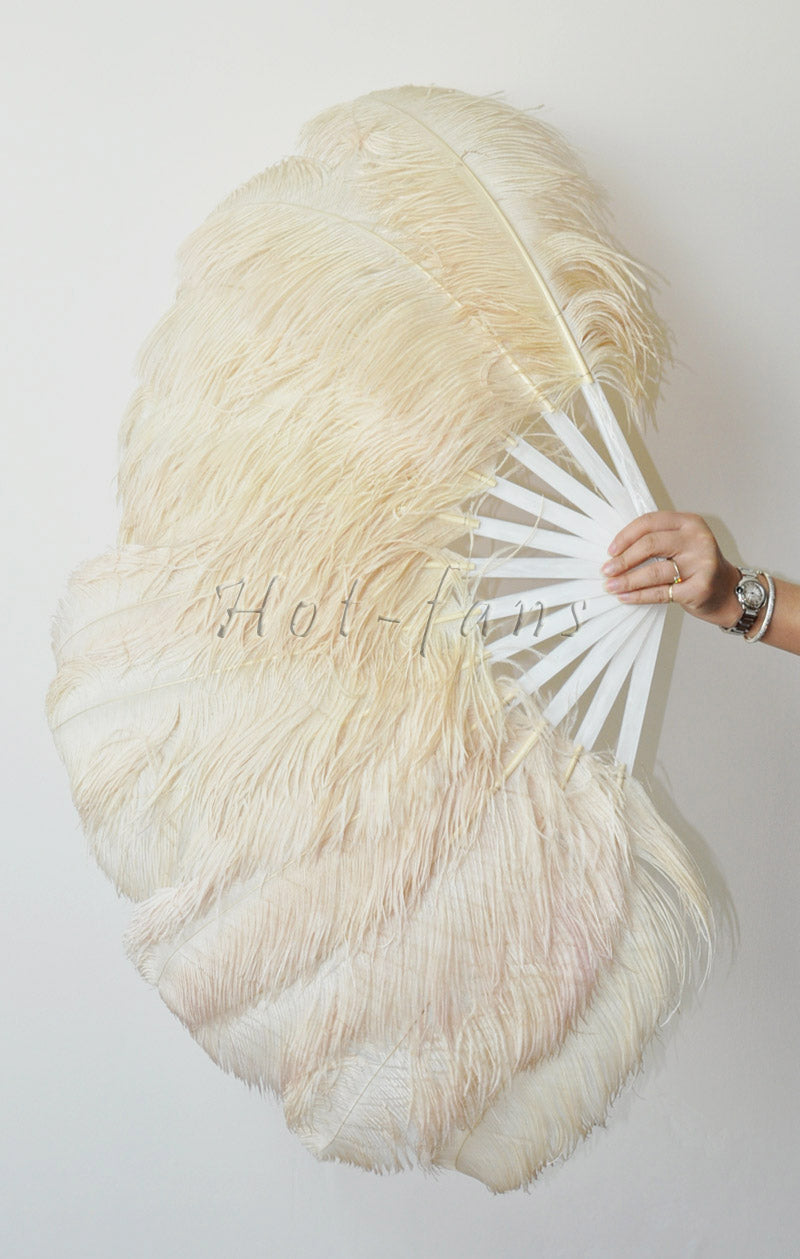 Beige single layer Ostrich Feather Fan with leather travel Bag 25