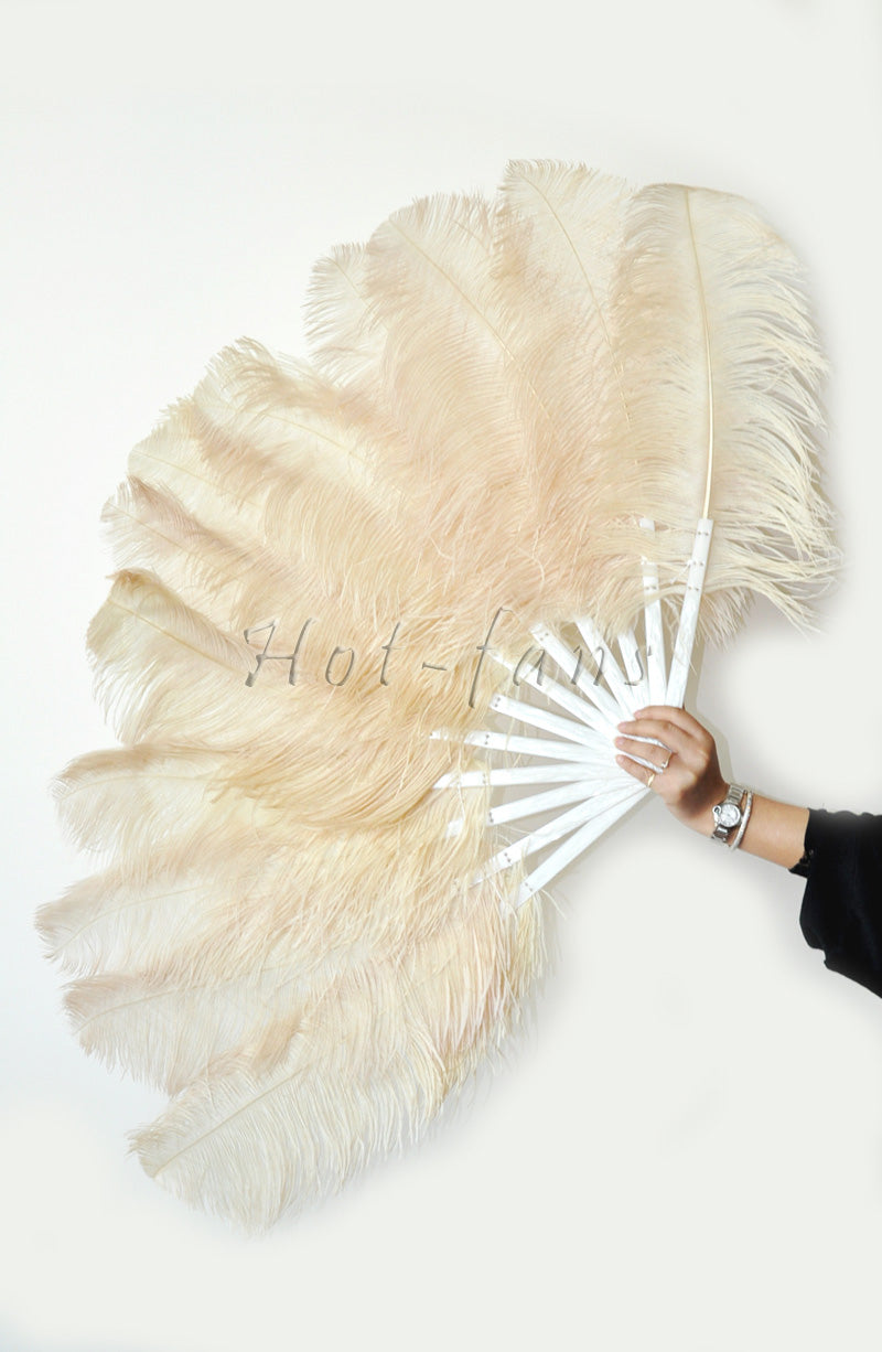 Beige single layer Ostrich Feather Fan with leather travel Bag 25