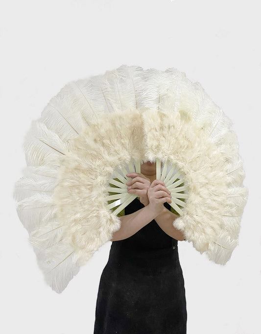 Beige Marabou Ostrich Feather fan 21"x 38" with Travel leather Bag.