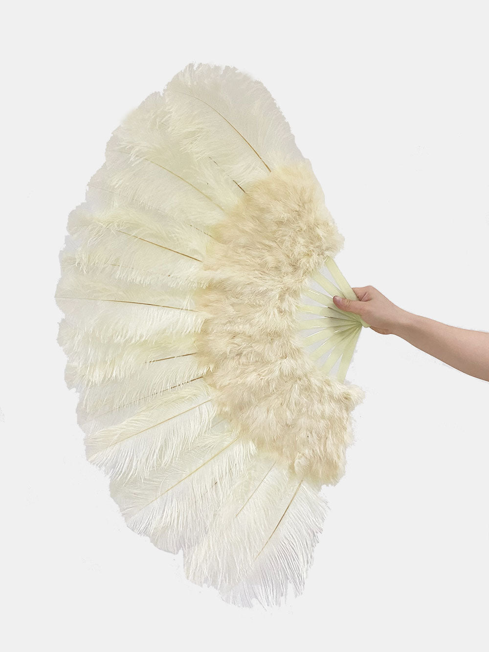 Beige Marabou Ostrich Feather fan 21"x 38" with Travel leather Bag.