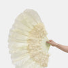 Abanico de plumas de avestruz de marabú beige de 21&quot;x 38&quot; con bolsa de viaje de cuero.