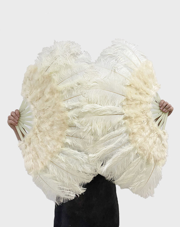 Beige Marabou Ostrich Feather fan 21"x 38" with Travel leather Bag.