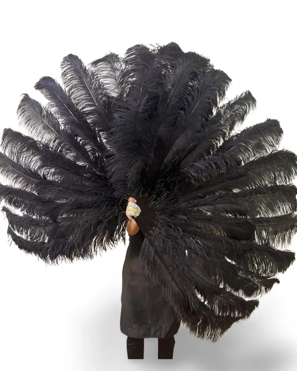 Éventail en plumes d'autruche noir XXL à 2 couches, à augmentation avancée 38"x64"