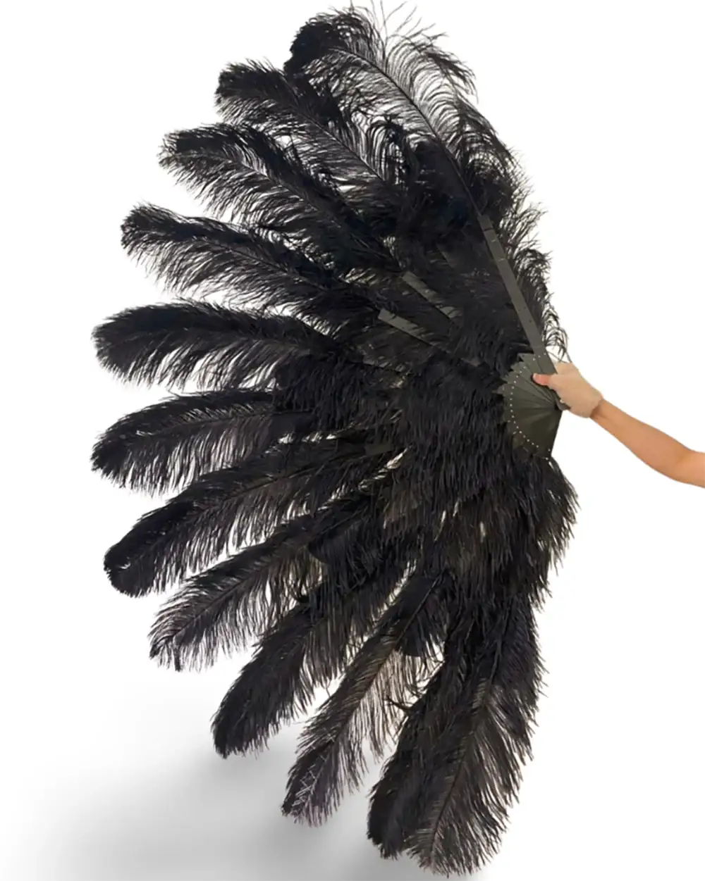 Éventail en plumes d'autruche noir XXL à 2 couches, à augmentation avancée 38"x64"