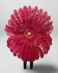 Load image into Gallery viewer, Burgundy 180 DEGREE FULL OPEN 2 LAYERS OSTRICH FEATHER FAN "30"X 60"
