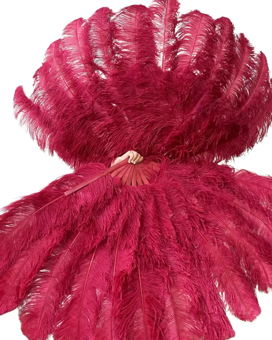 Burgundy Advanced XL 2 Layers Ostrich Feather Fan 34"x 60" - hotfans