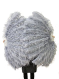 Load image into Gallery viewer, Burlesque 4 Layers light gray Ostrich Feather Fan Opened 67'' with Travel leather Bag.
