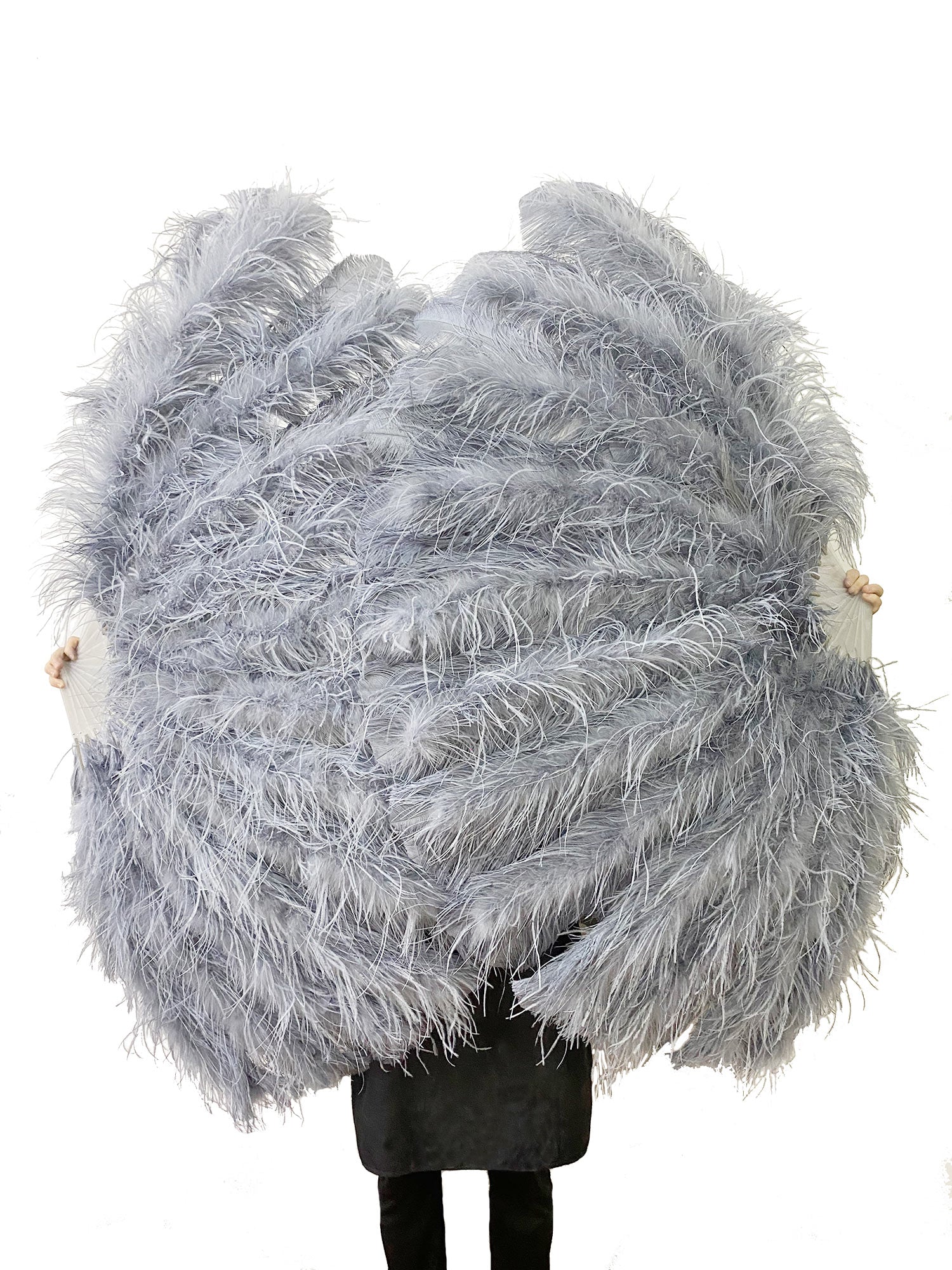 Burlesque 4 Layers light gray Ostrich Feather Fan Opened 67'' with Travel leather Bag.