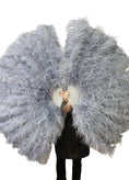 Load image into Gallery viewer, Burlesque 4 Layers light gray Ostrich Feather Fan Opened 67'' with Travel leather Bag.
