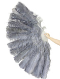 Load image into Gallery viewer, Burlesque 4 Layers light gray Ostrich Feather Fan Opened 67'' with Travel leather Bag.
