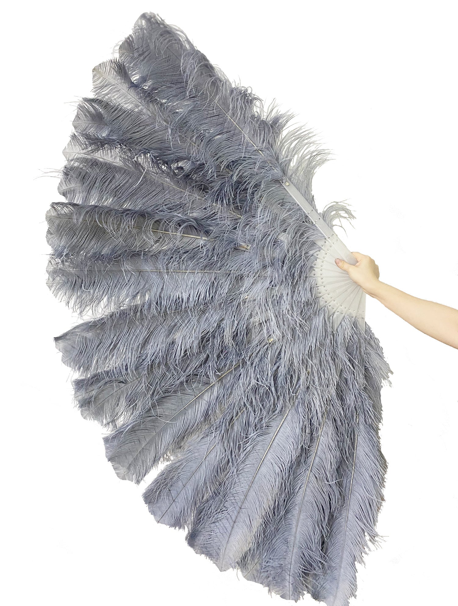 Burlesque 4 Layers light gray Ostrich Feather Fan Opened 67'' with Travel leather Bag.