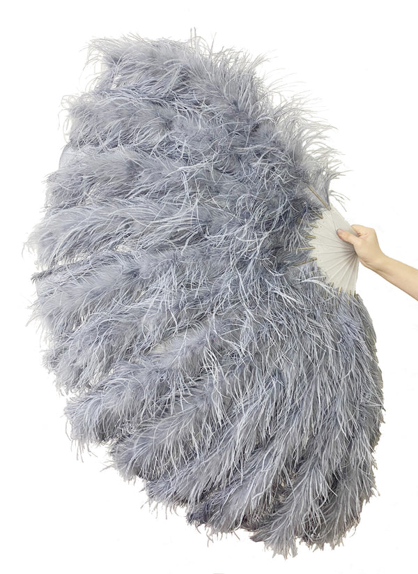 Burlesque 4 Layers light gray Ostrich Feather Fan Opened 67'' with Travel leather Bag.