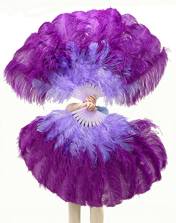 Abanico de Plumas de Avestruz de 2 Capas de 30''x 54'' en mezcla de violeta agua y morado oscuro con Bolsa de Cuero de Viaje.