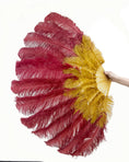 Load image into Gallery viewer, Mix topaz & burgundy 2 Layers Ostrich Feather Fan 30''x 54'' with Travel leather Bag.
