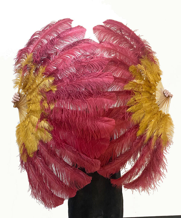 Abanico de plumas de avestruz de 2 capas de topacio y burdeos de 30&#39;&#39;x 54&#39;&#39; con bolsa de viaje de cuero.