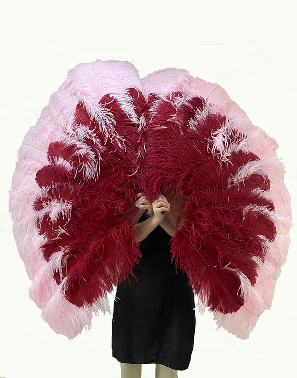 Mix burgundy & pink 3 Layers Feather fans with aluminum staves.