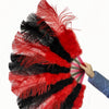 Mezcla de abanico de plumas de avestruz de marabú negro y rojo de 21 &quot;x 38&quot; con bolsa de viaje de cuero
