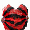 Mezcla de abanico de plumas de avestruz de marabú negro y rojo de 21 &quot;x 38&quot; con bolsa de viaje de cuero