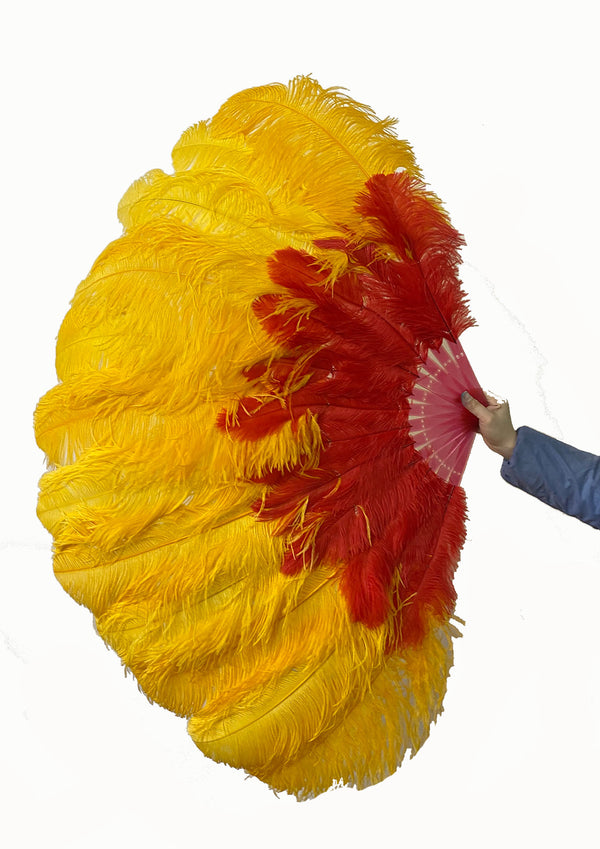 Mix red & Golden 2 Layers Ostrich Feather Fan 30''x 54'' with Travel leather Bag