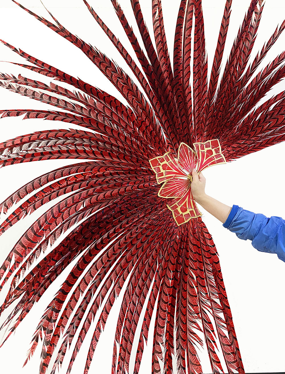 Red huge Tall Pheasant Feather Fan Burlesque Perform Friend.