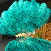 Abanico de plumas de avestruz verde bosque de 2 capas de 30&quot;x 54&quot; con bolsa de viaje de cuero.